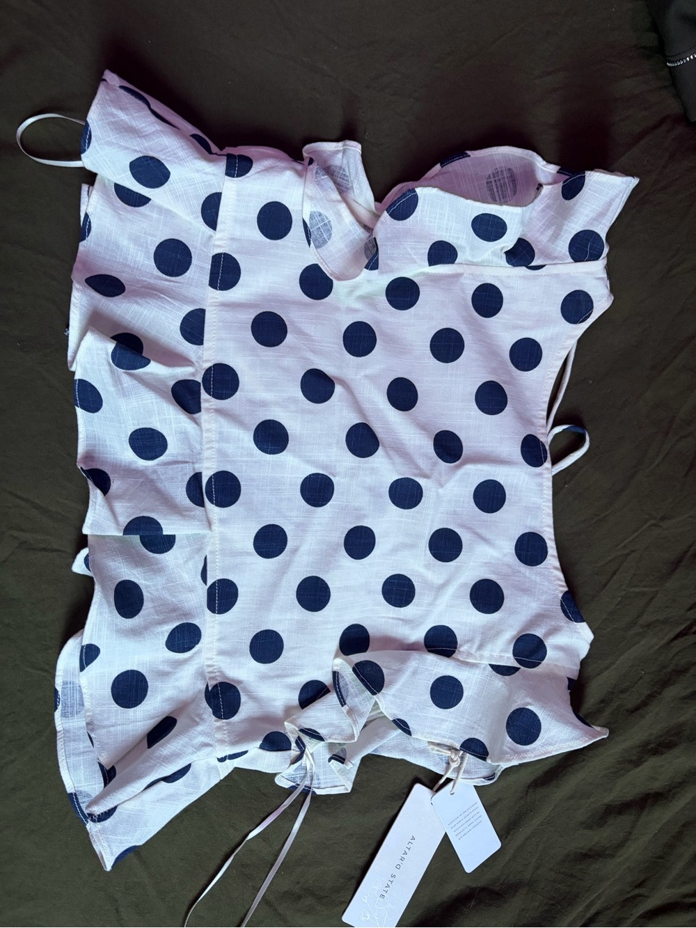 Altar'd State White with Navy Polka Dots tie top